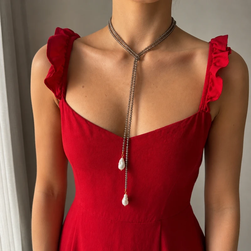 Naszyjnik Linie Smoke – kwarc dymny i perły naturalne – ito